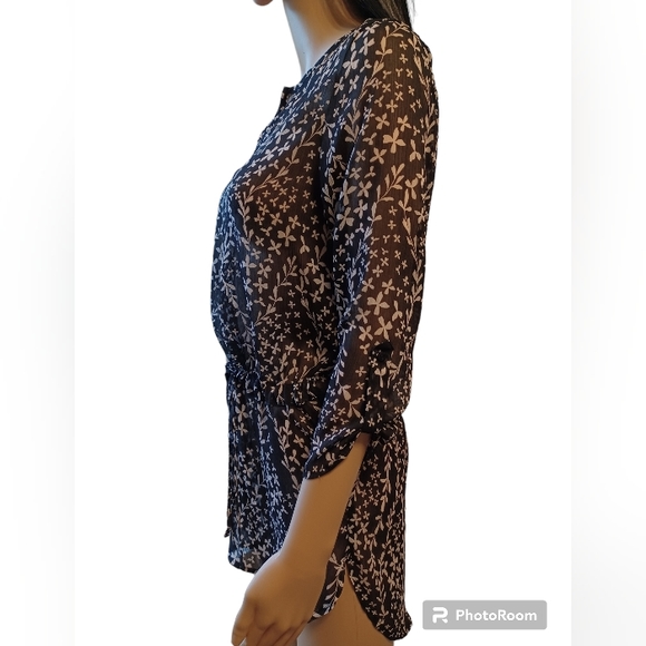 Black & White Floral Sheer Long Shirt Blouse XS - Picture 4 of 12